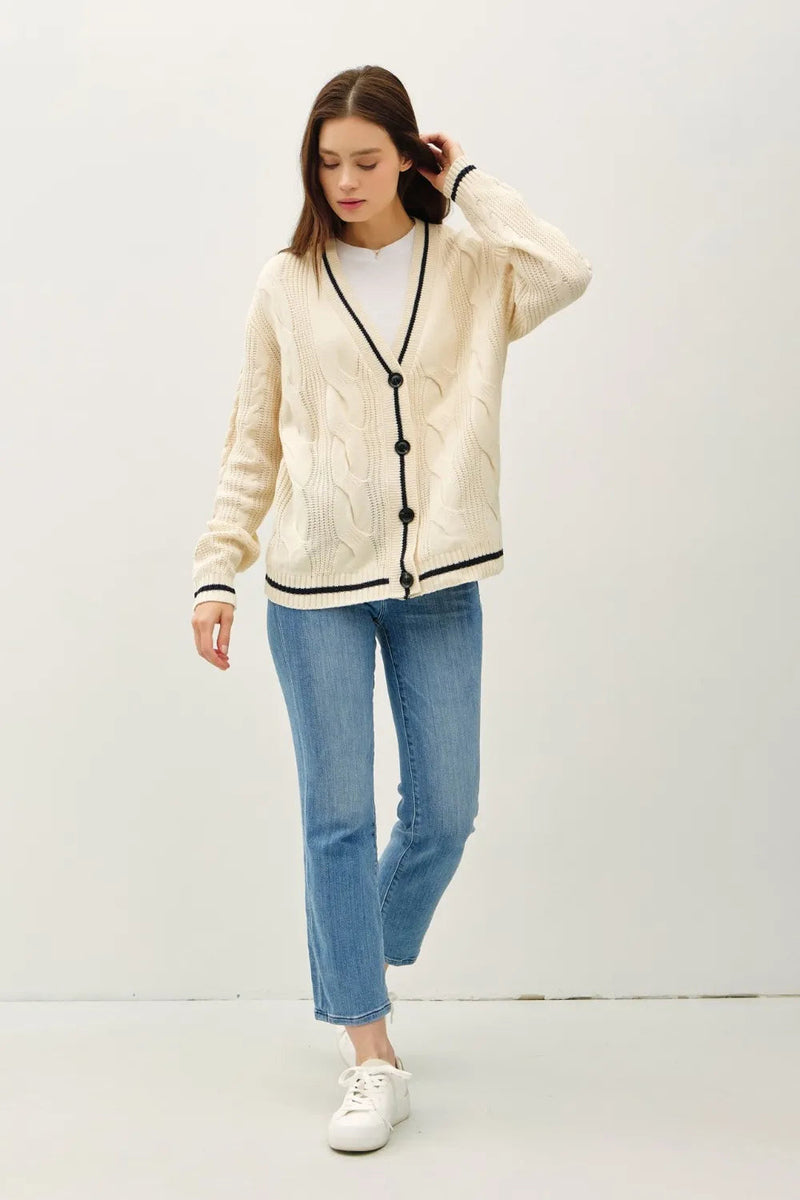 Dam V-Neck Cardigan med Kabelstickning och Kontrastdetaljer 3