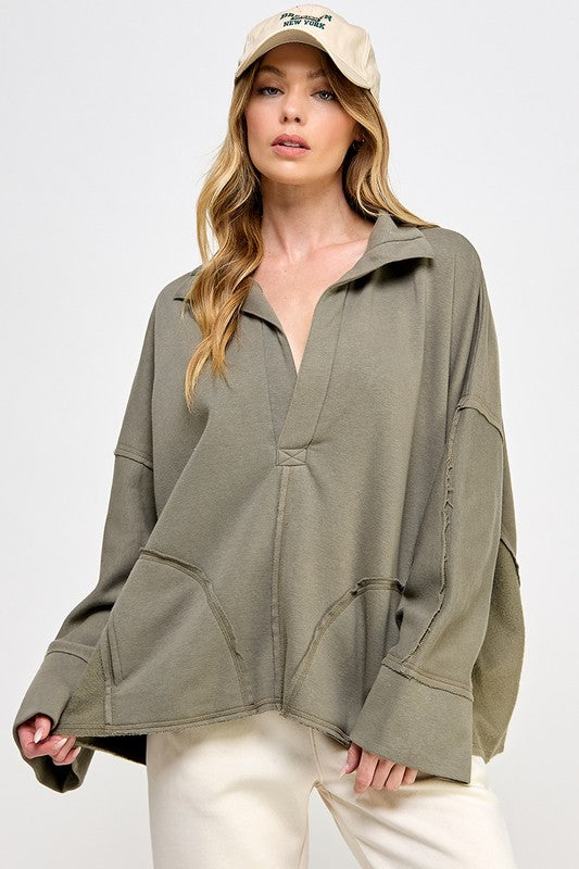 Dam V-Neck Pullover Dolmanärmar 1