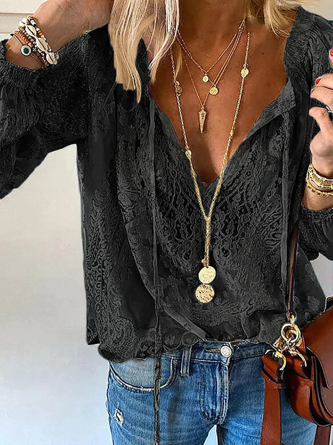 Damblus Med Spetsdetaljer Trendig Design 0