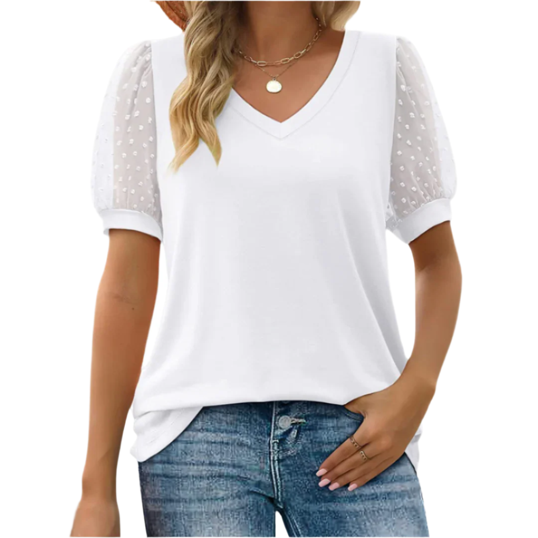 Damblus med V-ringning och Puffärmar i Mjuk Tyg 0