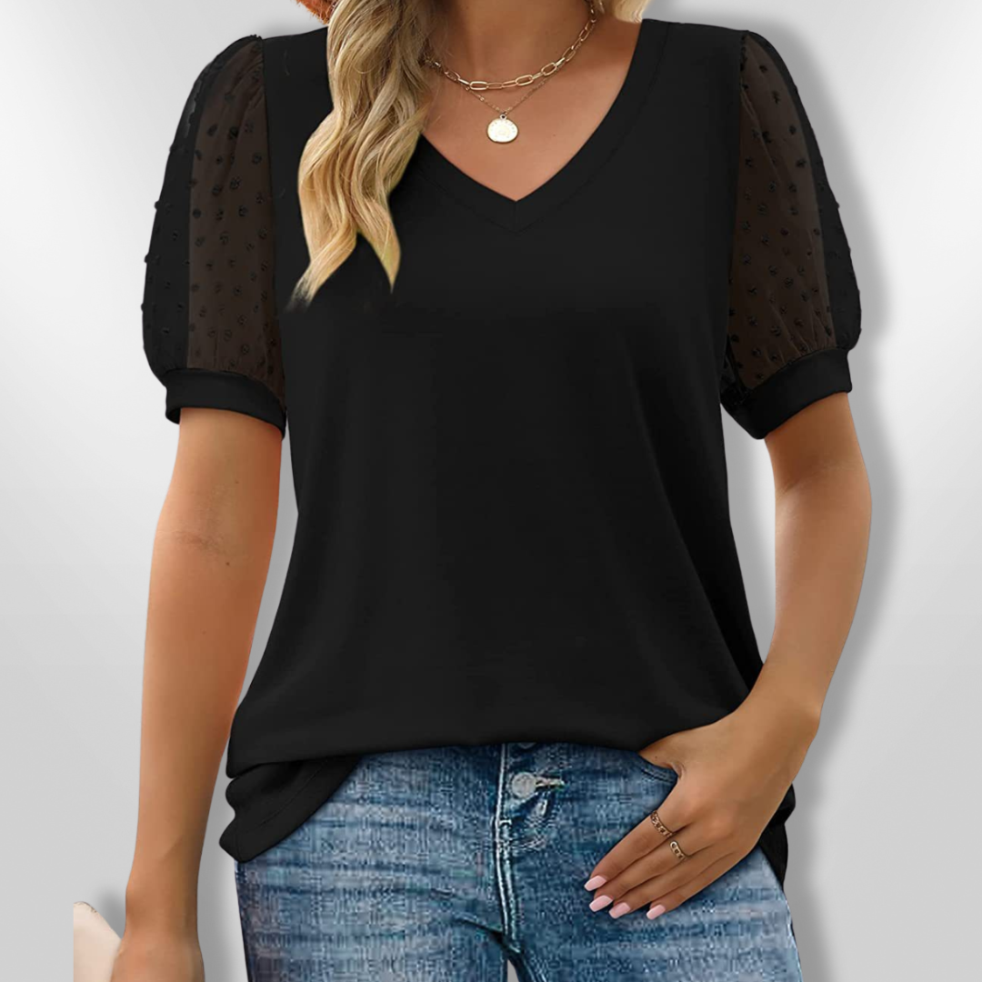 Damblus med V-ringning och Puffärmar i Mjuk Tyg 1