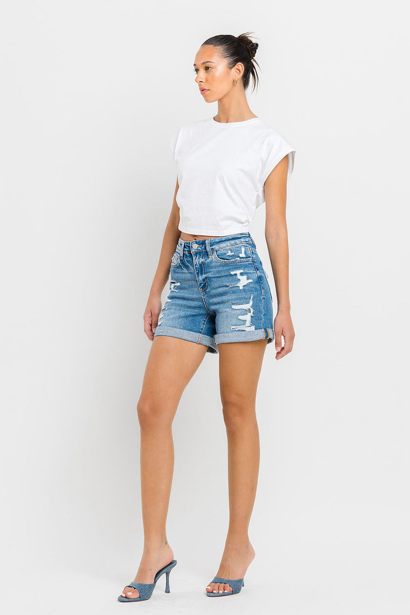 Damens Högmidjade Jeansshorts med Rullad Kant 1