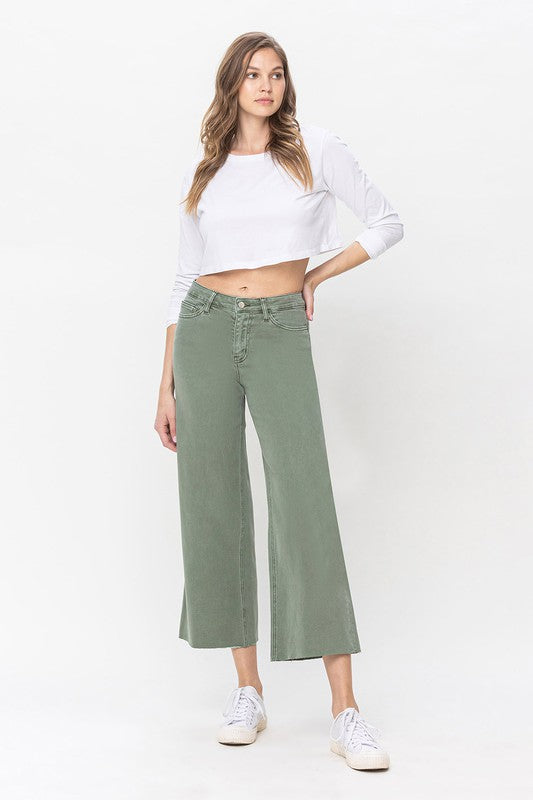 Damens Högmidjade Vida Jeans i Armygrön 1