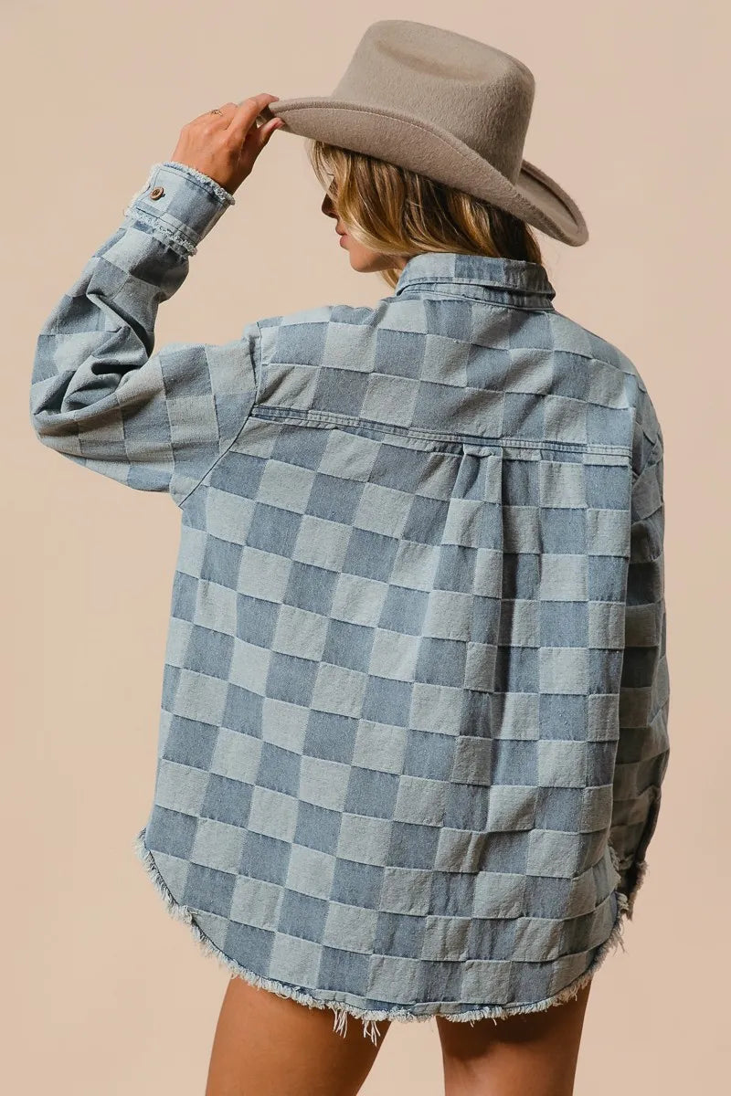Damens Oversized Skjorta Rutig 100% Bomull med Fransar 2