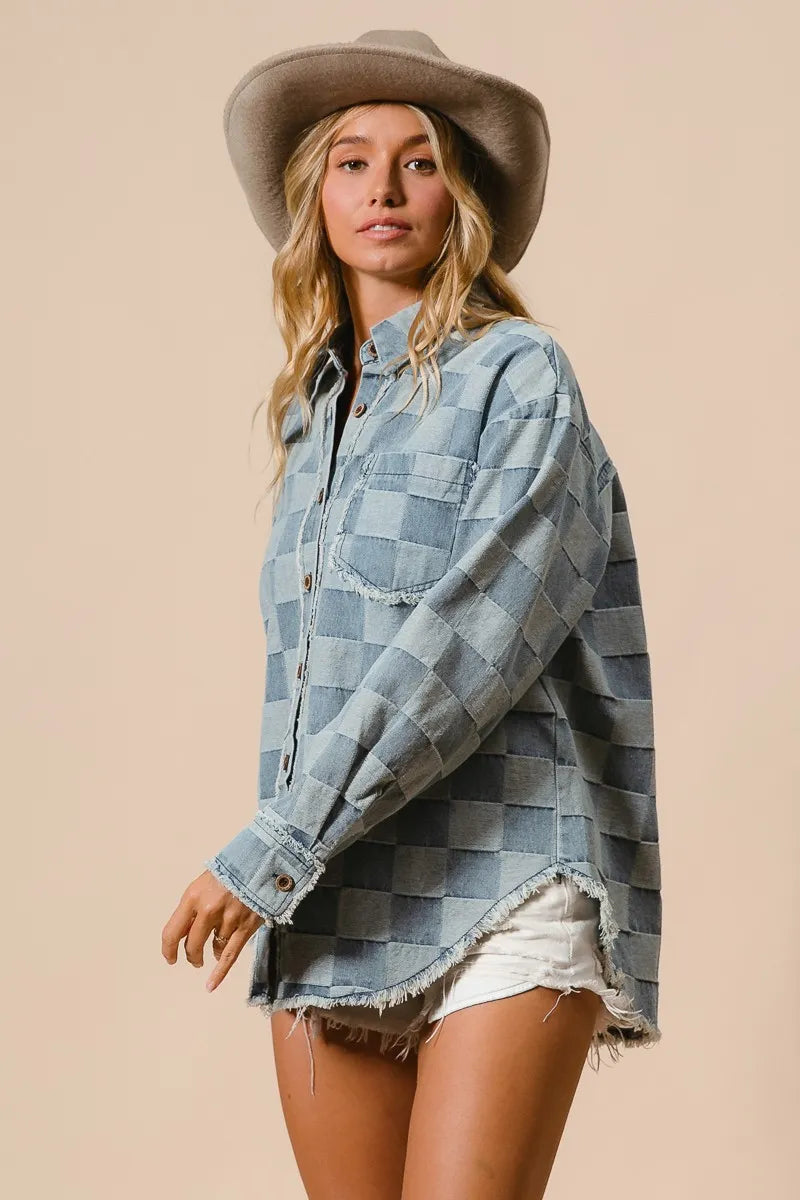 Damens Oversized Skjorta Rutig 100% Bomull med Fransar 3
