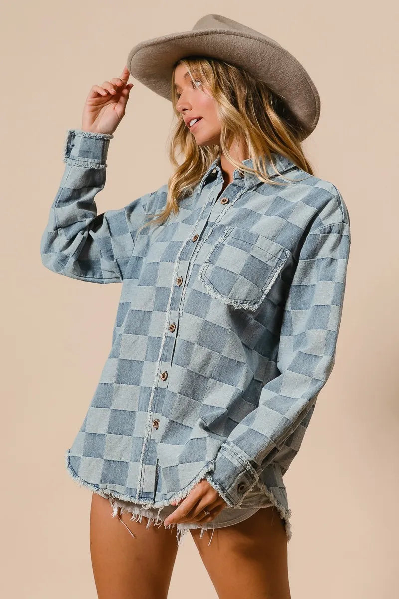 Damens Oversized Skjorta Rutig 100% Bomull med Fransar 6