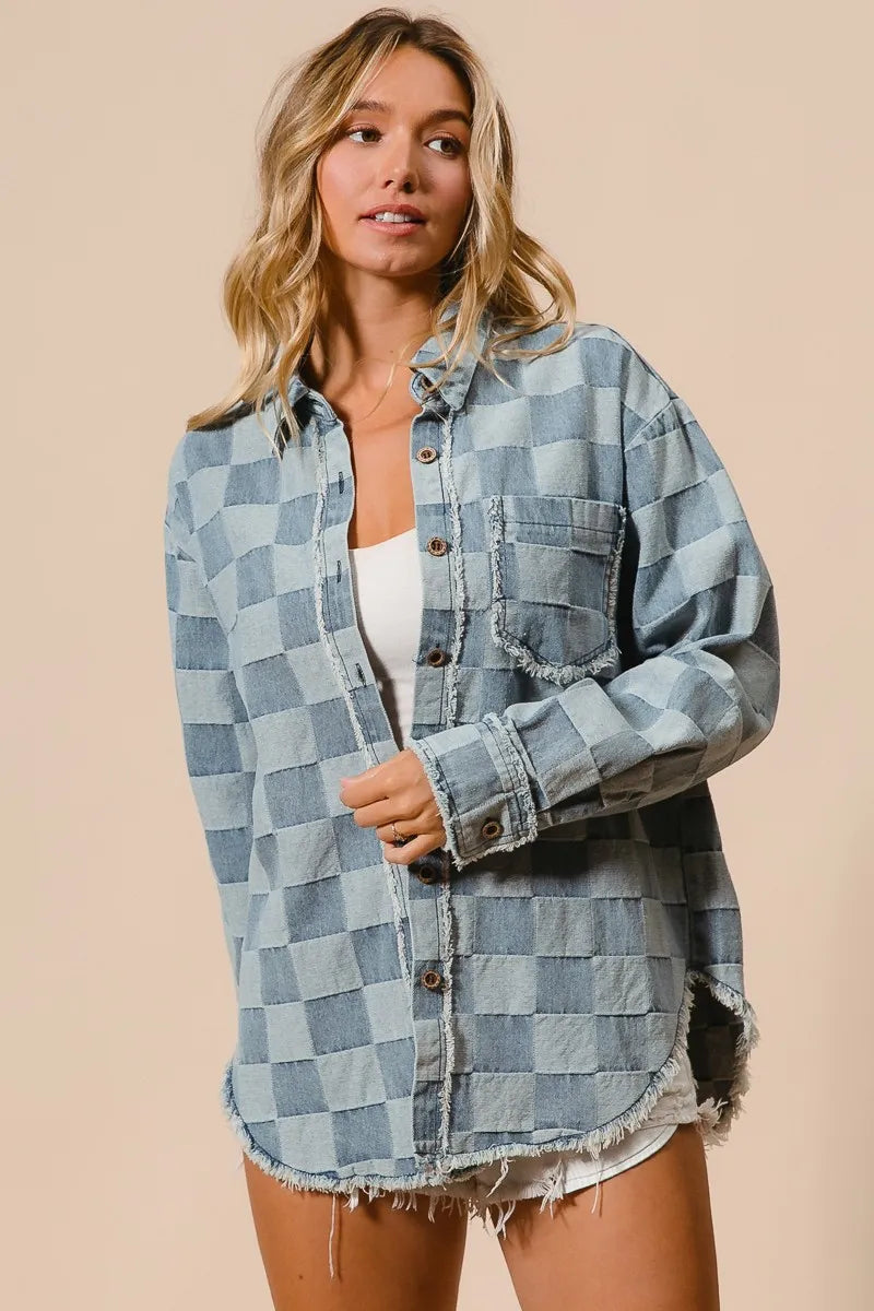 Damens Oversized Skjorta Rutig 100% Bomull med Fransar 7