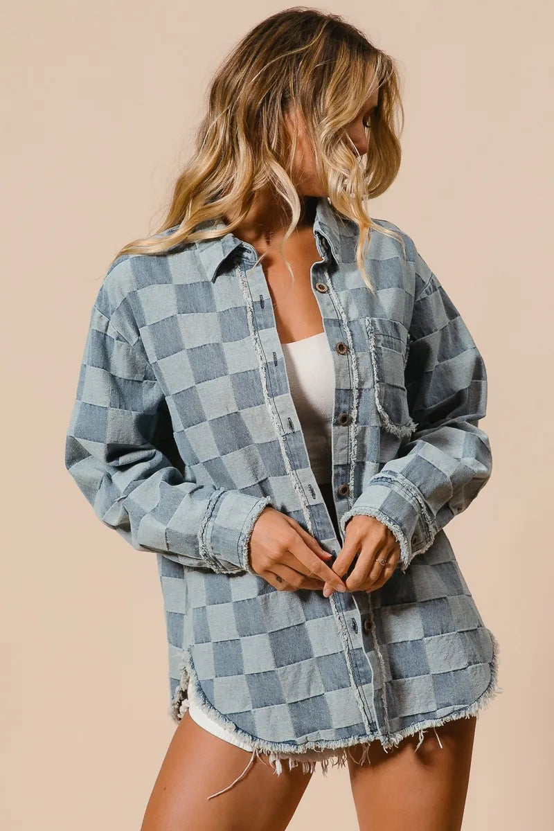 Damens Oversized Skjorta Rutig 100% Bomull med Fransar 8