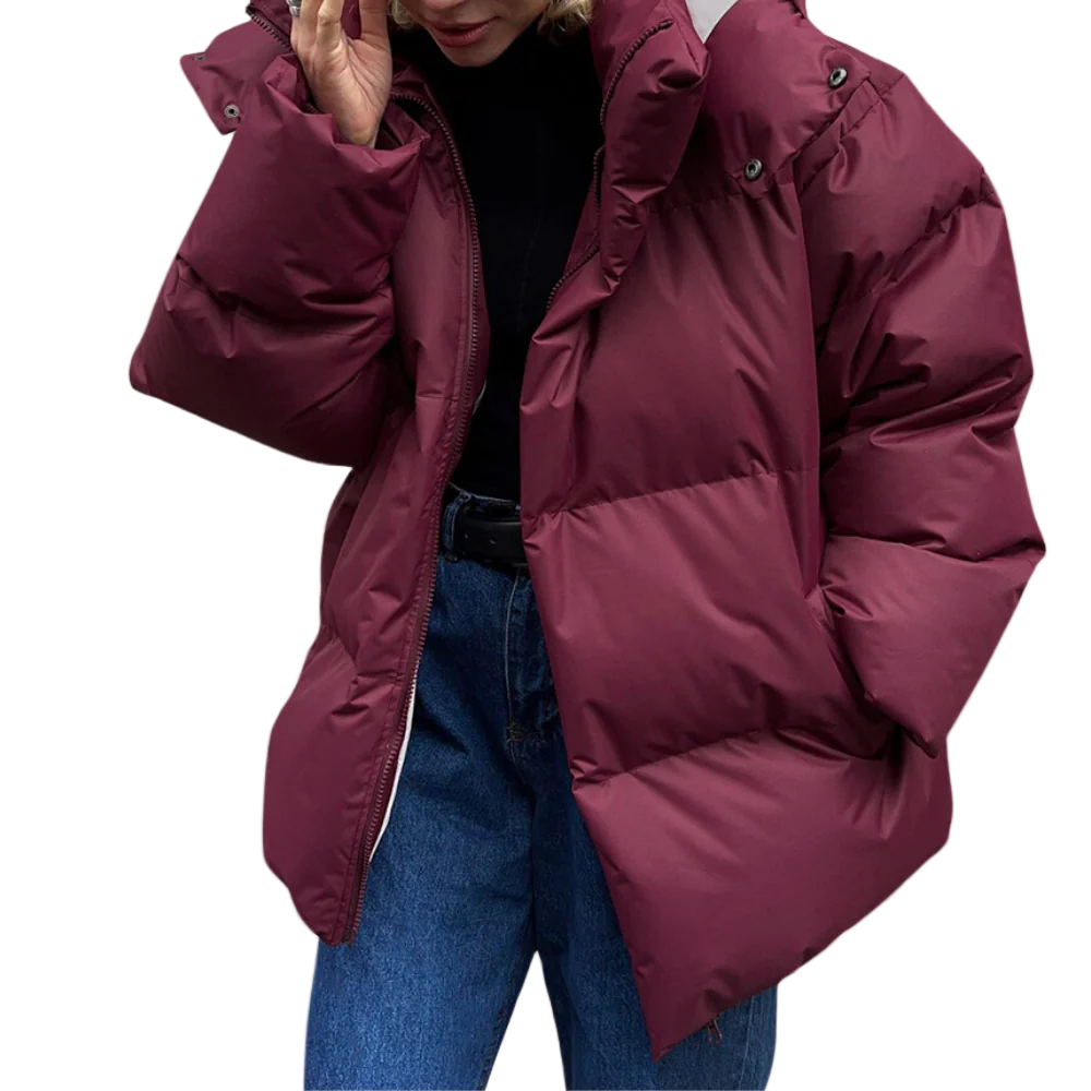 Damens Padded Jacka – Oversized Passform – Kviltad Huva 0