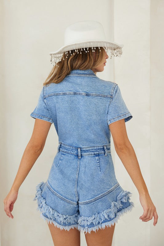 Damens Romper i Denim med Knappar och Fransar 3