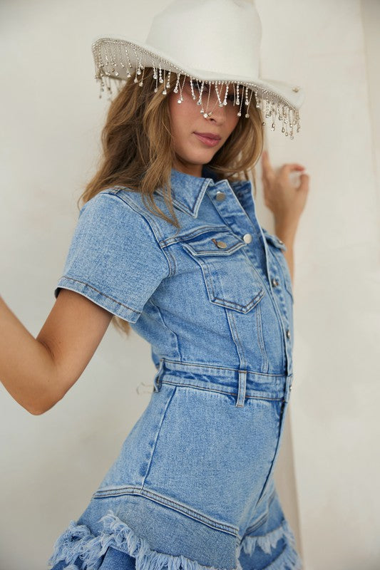Damens Romper i Denim med Knappar och Fransar 5