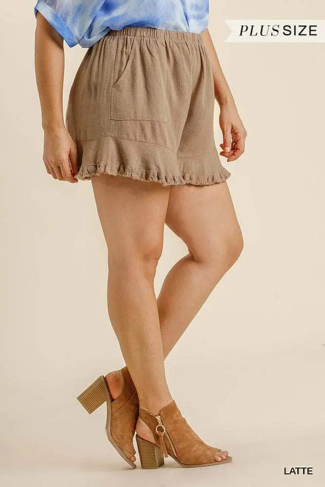 Damens Shorts Volangkant Linneblandning Elastisk Midja med Fickor 1