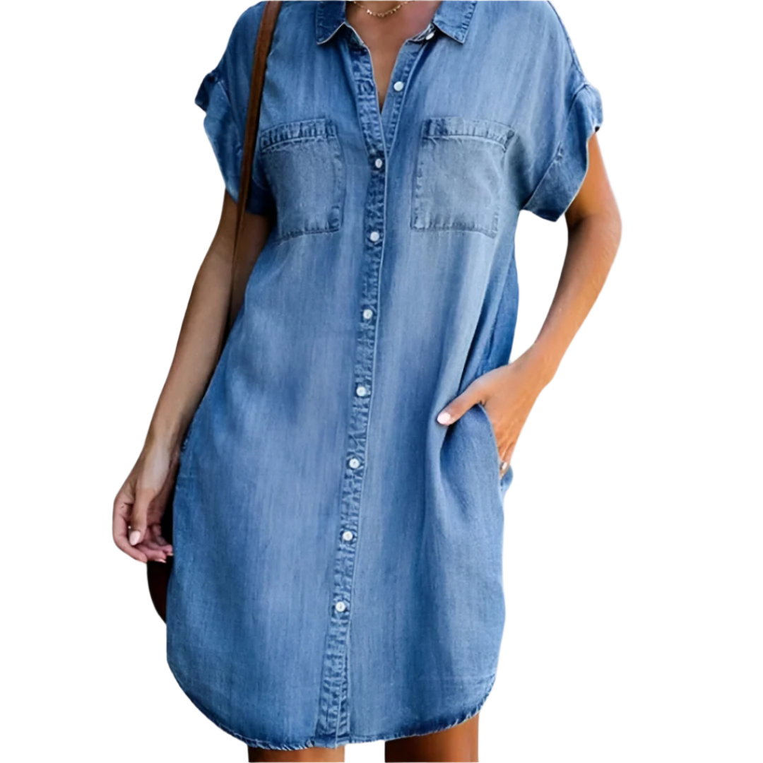 Damens Sommarklänning i Denim med Knäppning 0