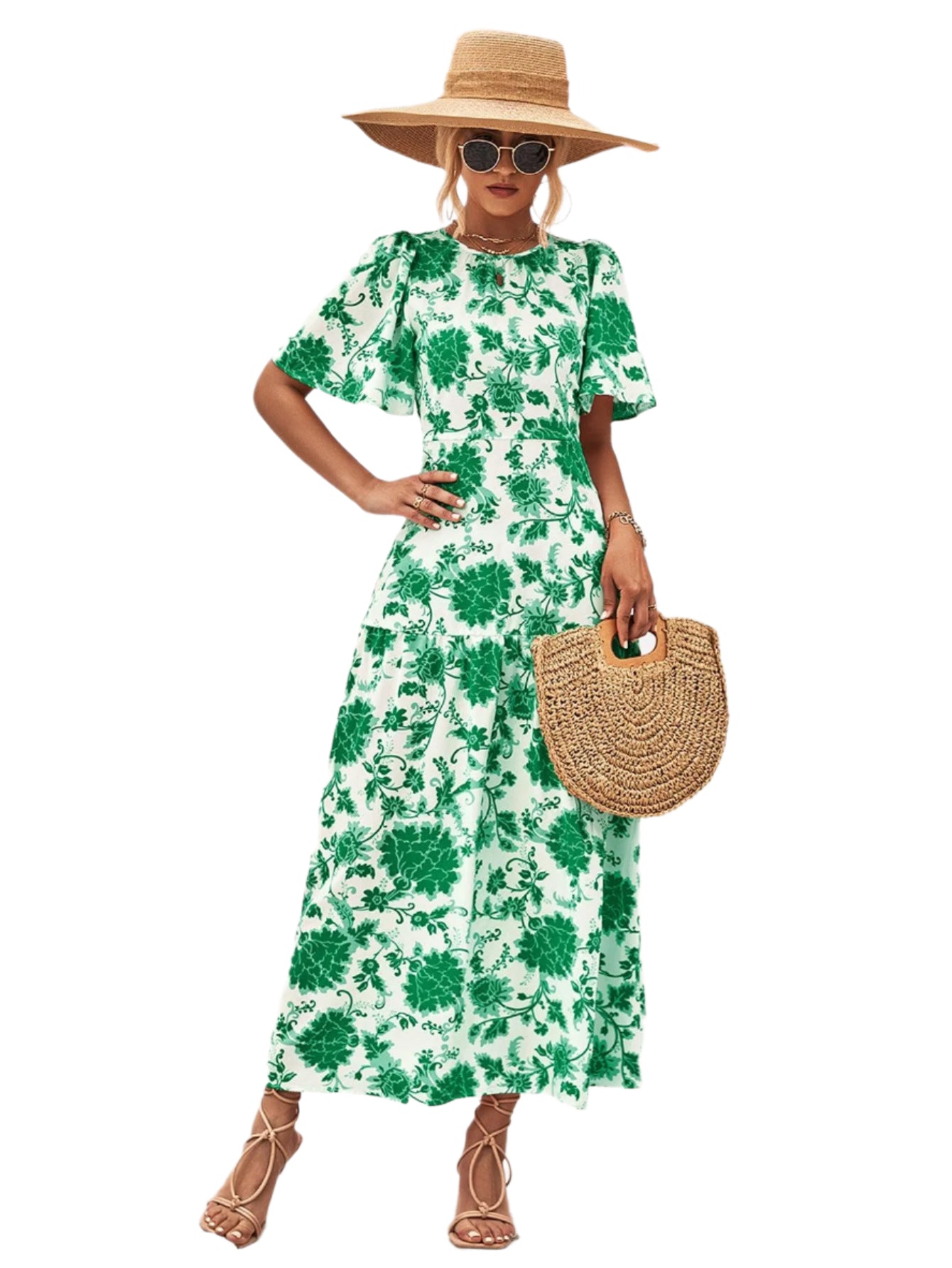 Damer A-linjeformad Klänning Blommönstrad Polyester med Rund Hals och Knytning i Ryggen 0