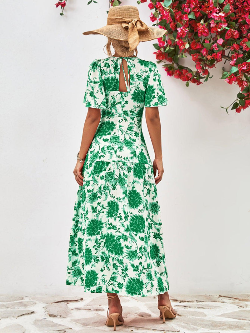 Damer A-linjeformad Klänning Blommönstrad Polyester med Rund Hals och Knytning i Ryggen 1