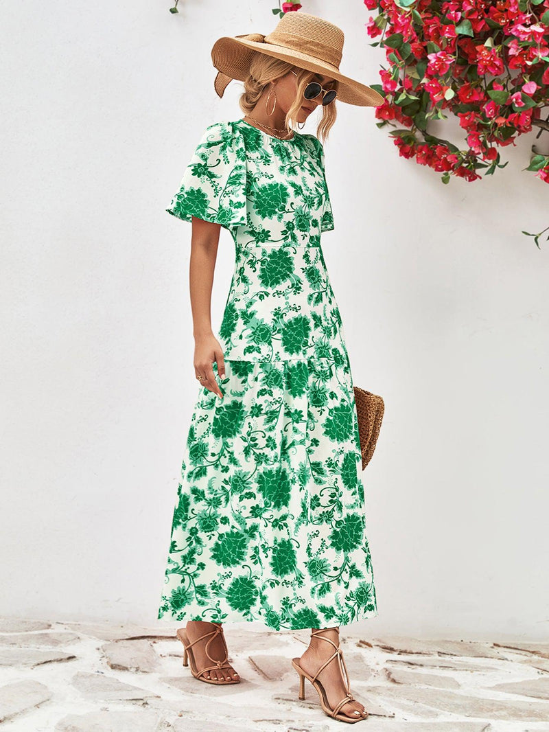 Damer A-linjeformad Klänning Blommönstrad Polyester med Rund Hals och Knytning i Ryggen 5