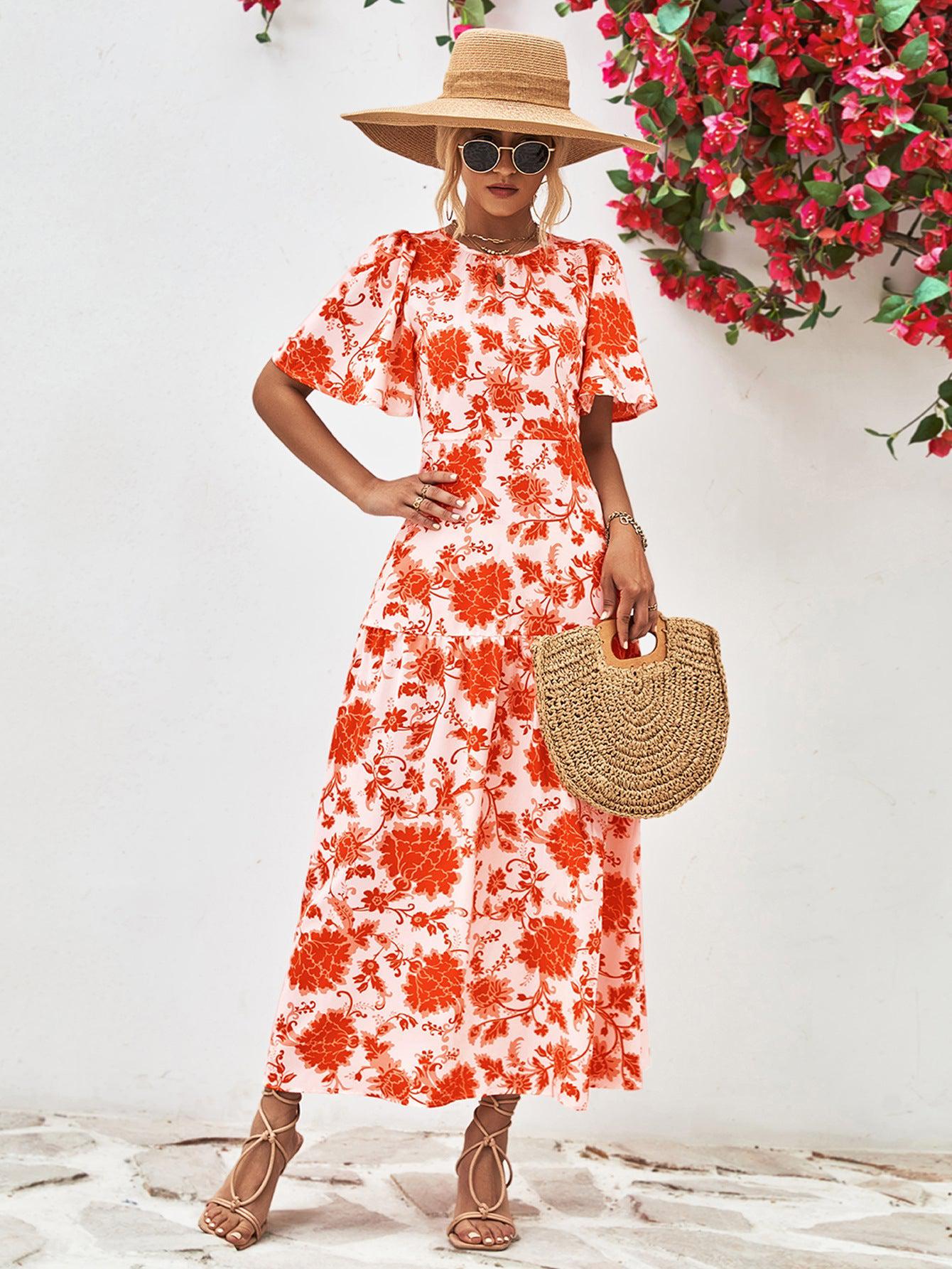 Damer A-linjeformad Klänning Blommönstrad Polyester med Rund Hals och Knytning i Ryggen 6