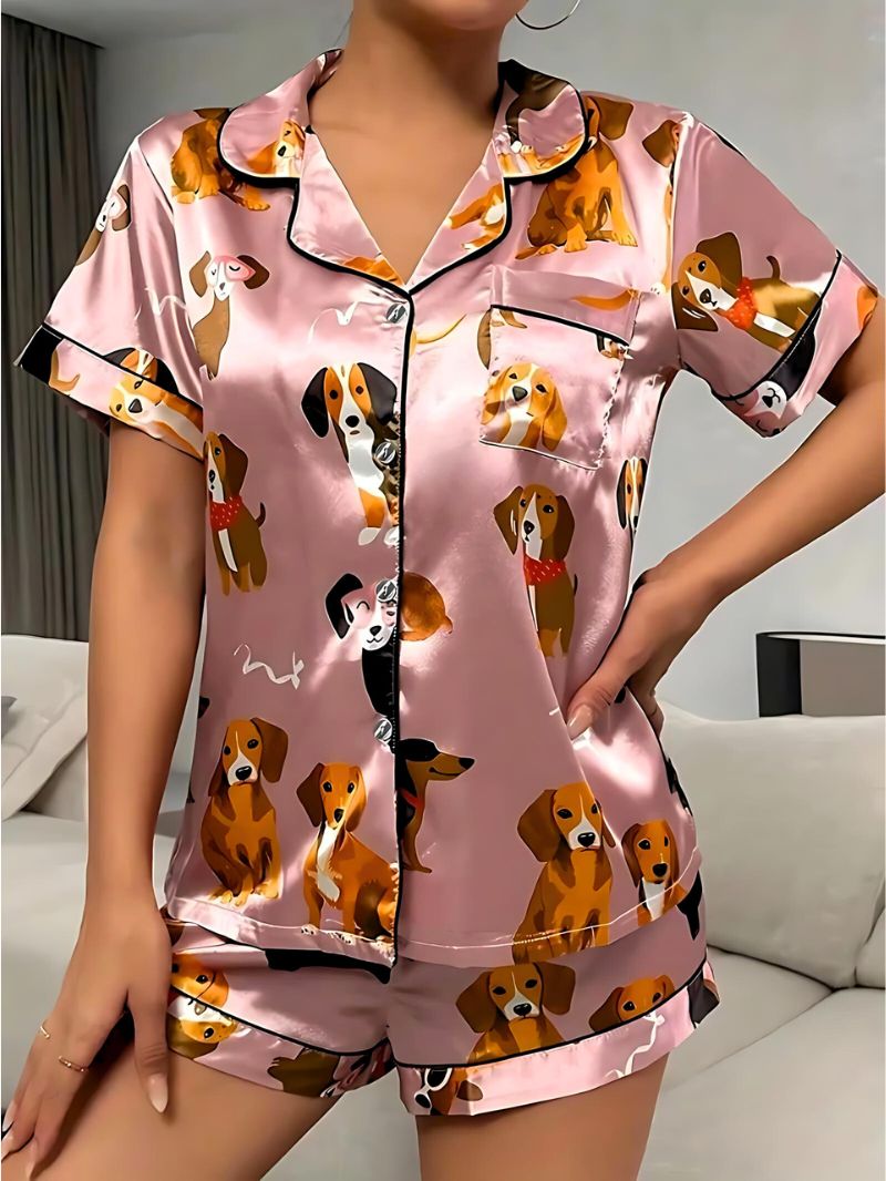 Damer Satin Pyjamas Set med Hundmotiv Klassisk Design 1