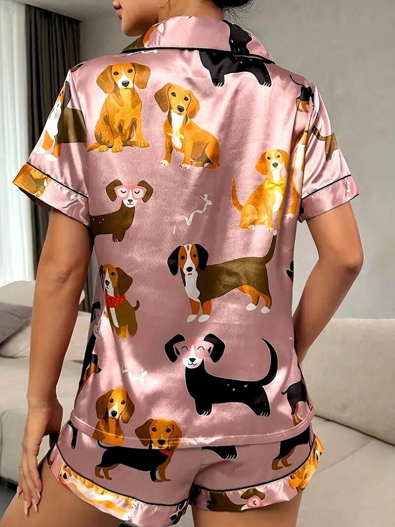 Damer Satin Pyjamas Set med Hundmotiv Klassisk Design 2