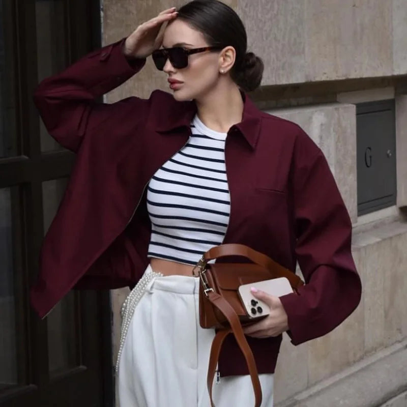 Damernas Croppad Bomberjacka med Långa Ärmar och Modern Design 1