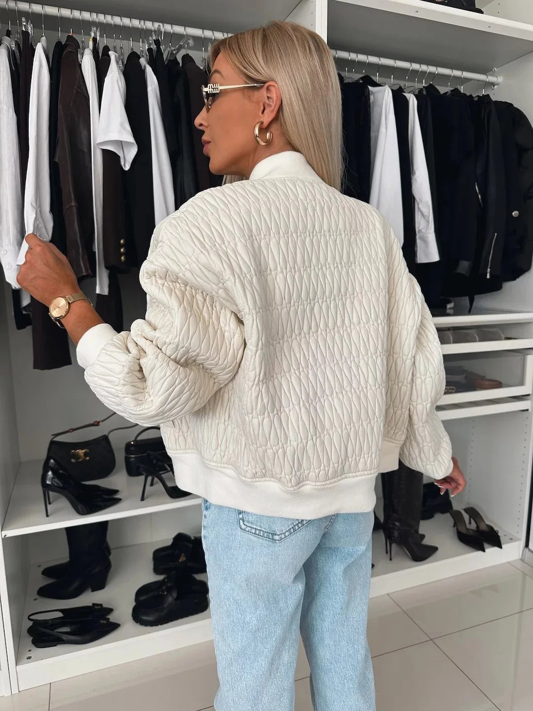 Damernas Kviltade Bomberjacka med Dragkedja och Ribbad Kant 2