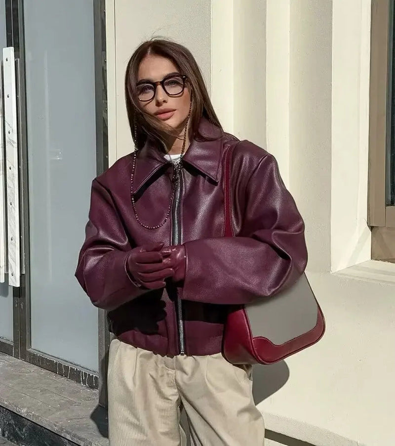 Damernas Läderjacka Klassisk Krage med Dragkedja 2