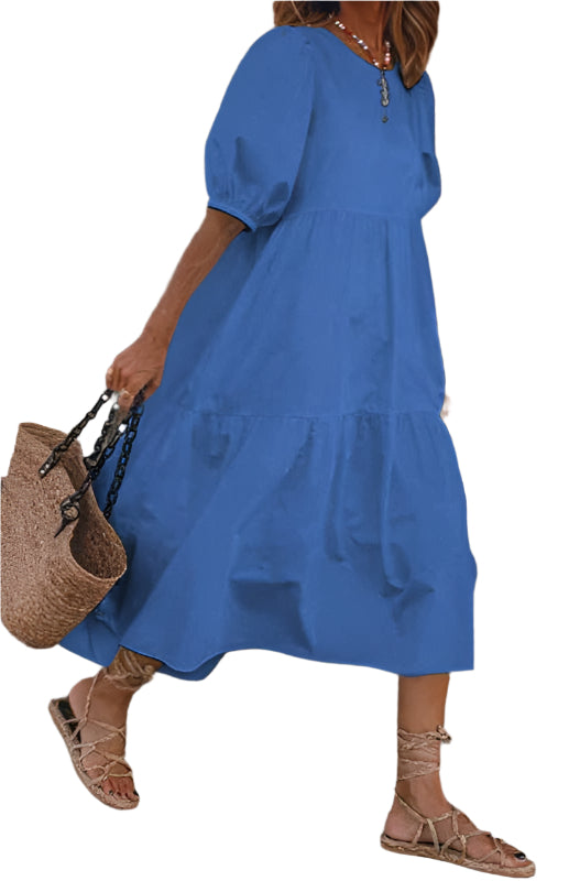 Damernas Midi Klänning Rund Hals Puffärmar Linneblandning 0