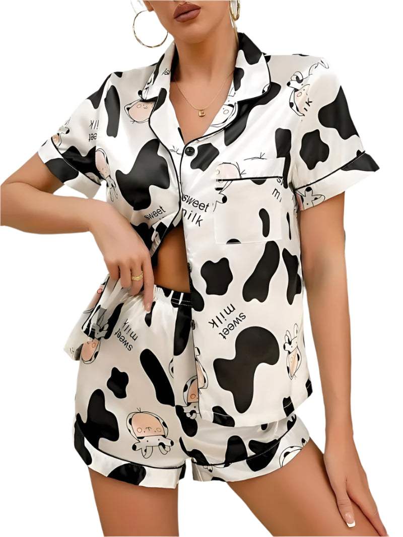 Damernas Satin Pyjamas Set med Knappstängning och Elastisk Midja 0