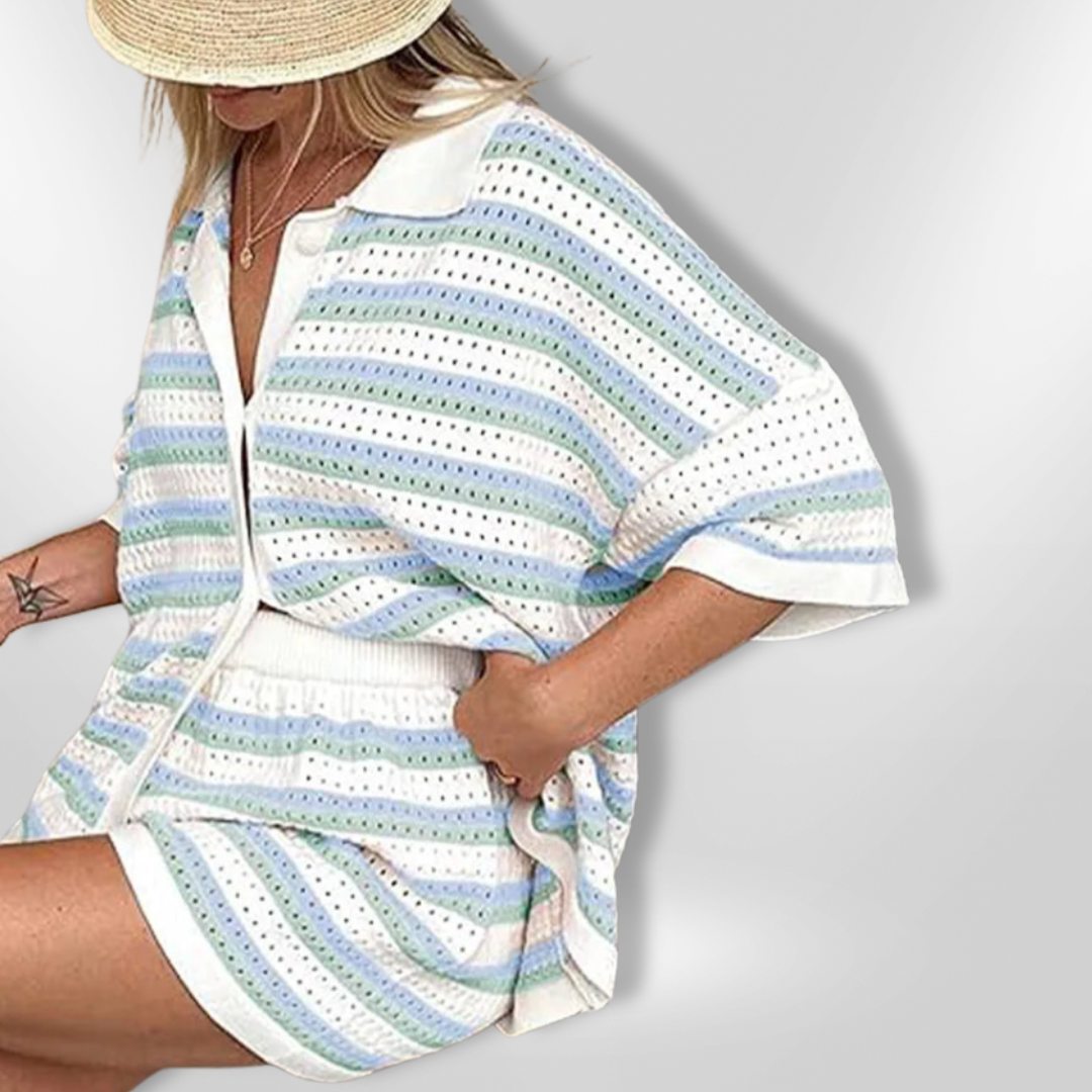 Damernas Set Löst Snitt Virkat Material med Knäppning och Randmönster 2