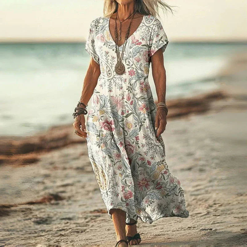 Damernas Sommarklänning V-Hals Flödande Design Lätt Vävd Tyg