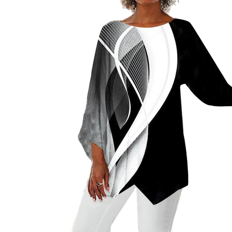 Damernas långärmade topp med geometrisk design och asymmetrisk fåll 0
