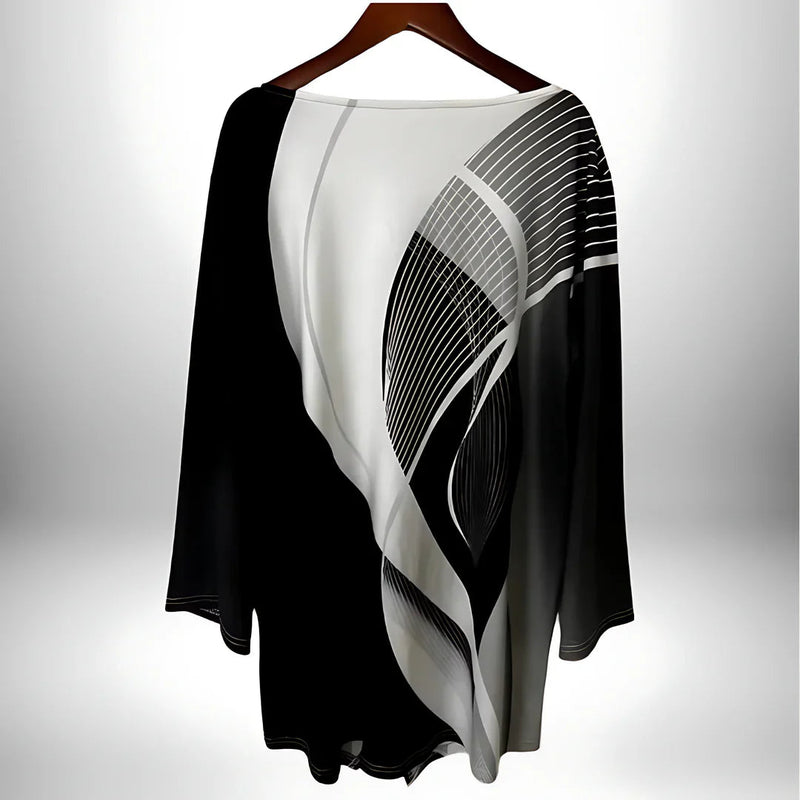 Damernas långärmade topp med geometrisk design och asymmetrisk fåll 3