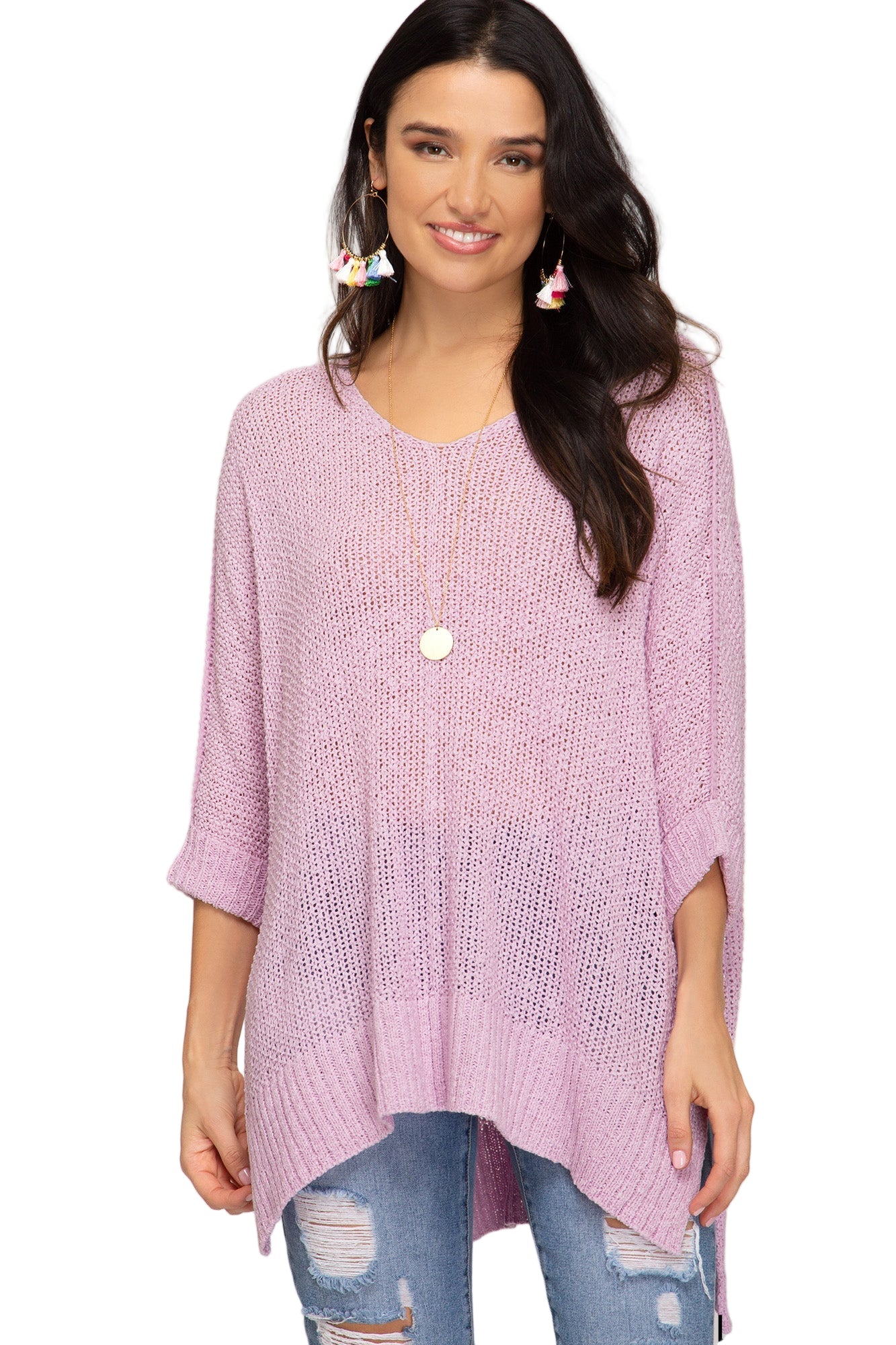 Damtröja med 3/4 ärmar och hi-lo design i lila 0