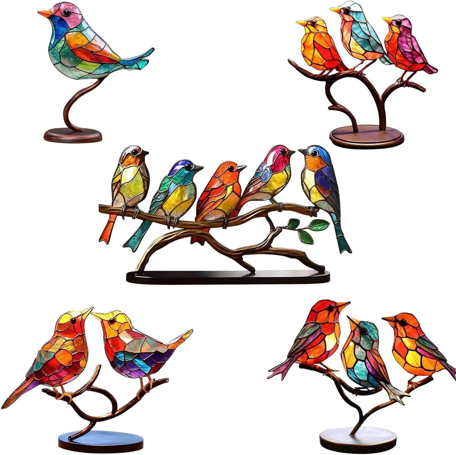 Dekorativ Skulptur Färgglada Fåglar på Gren Modern Design 5