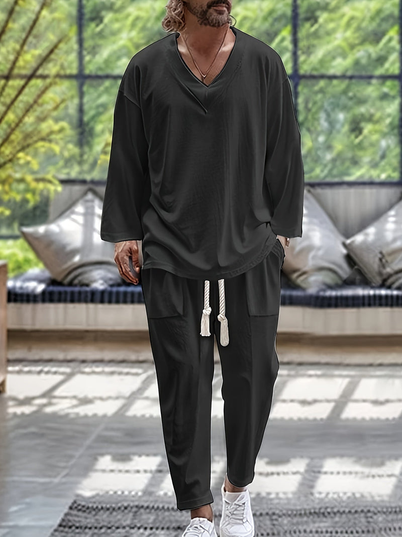 Herr Loungewear Set V-Hals Långärmad Topp Avslappnad Passform Byxor med Fickor 3