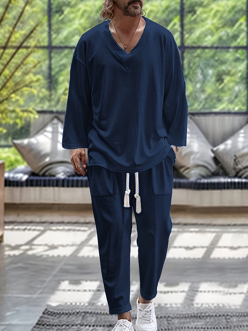 Herr Loungewear Set V-Hals Långärmad Topp Avslappnad Passform Byxor med Fickor 4