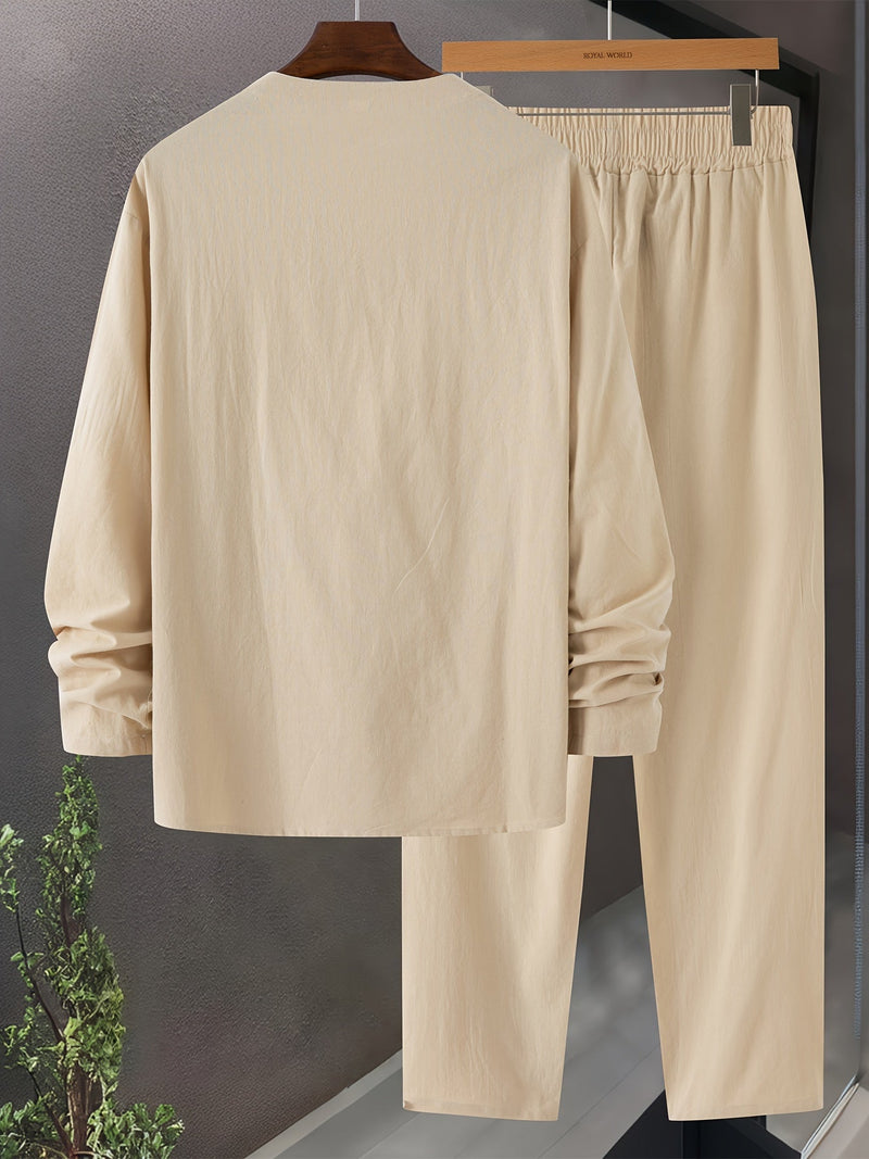 Herr Loungewear Set V-Hals Långärmad Topp Avslappnad Passform Byxor med Fickor 6