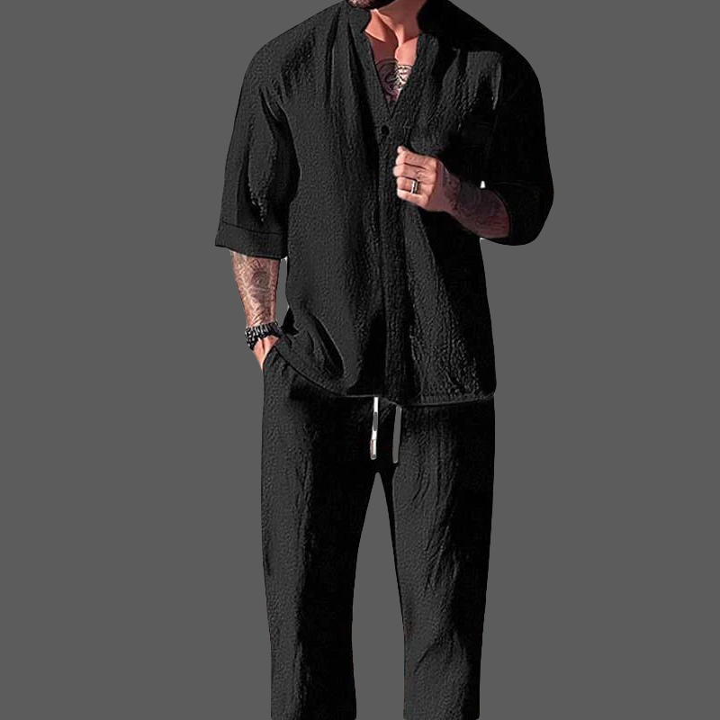 Herr Loungewear Set V-ringad Topp och Dragsko Byxor i Bomull och Linne 1
