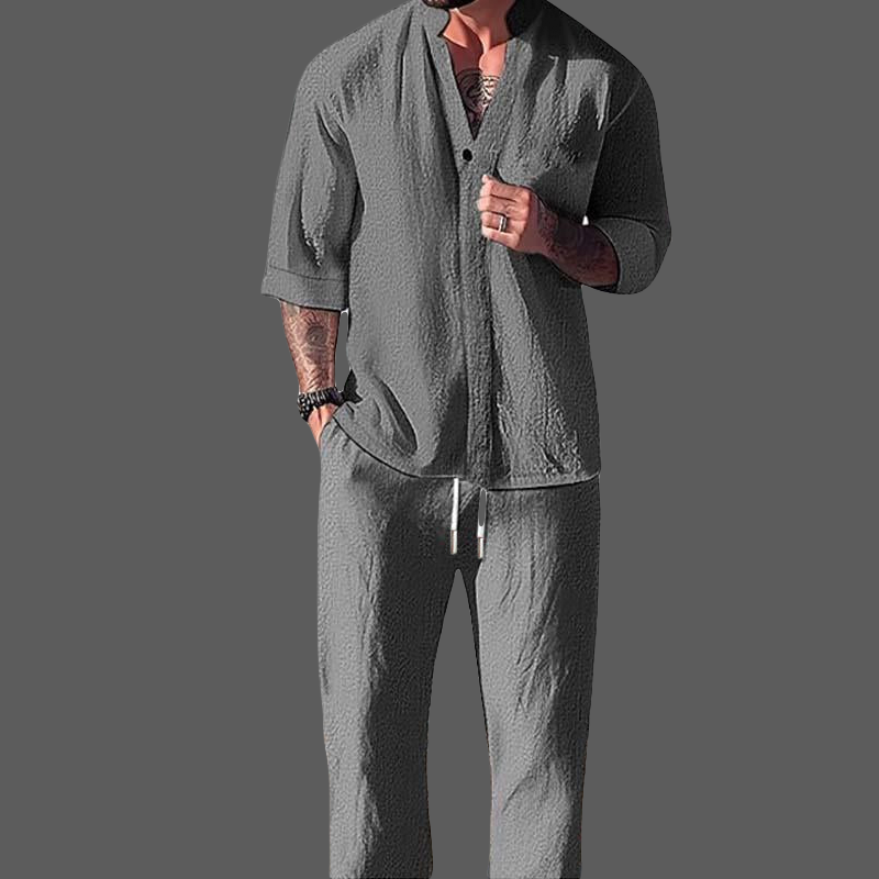 Herr Loungewear Set V-ringad Topp och Dragsko Byxor i Bomull och Linne 2