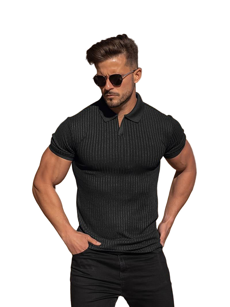 Herr Polo T-shirt Muskelpassform Ribbad Mjuk Stickad Kortärmad 0