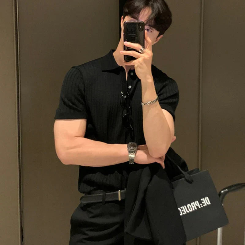 Herr Polo T-shirt Slim Fit Ribbad Mjuk Stickad Kortärmad 1