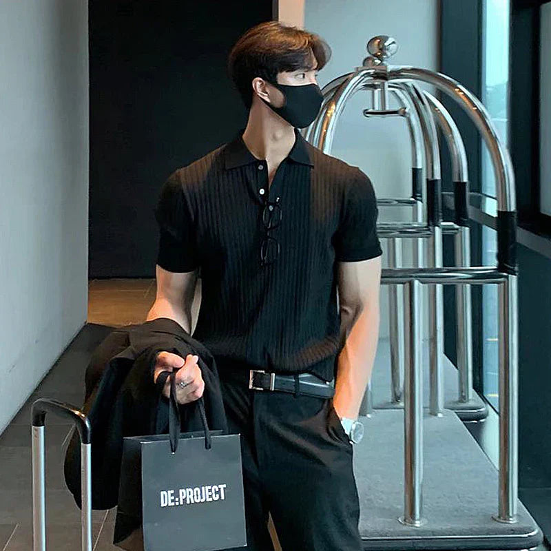 Herr Polo T-shirt Slim Fit Ribbad Mjuk Stickad Kortärmad 3