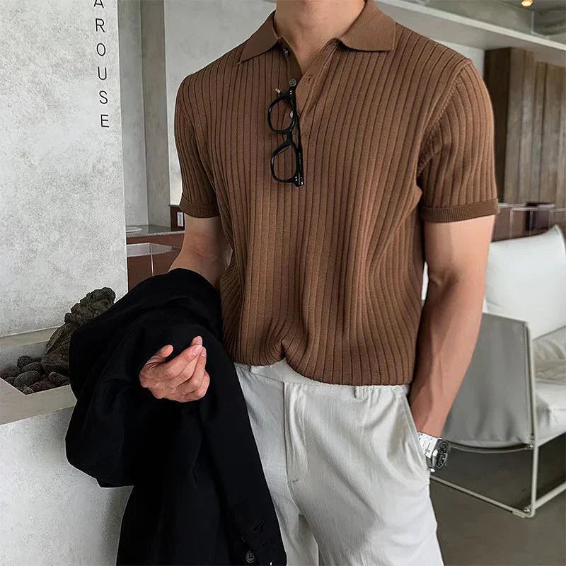 Herr Polo T-shirt Slim Fit Ribbad Mjuk Stickad Kortärmad 4