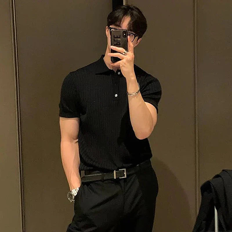 Herr Polo T-shirt Slim Fit Ribbad Mjuk Stickad Kortärmad 5