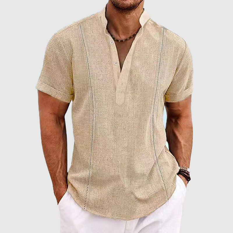Herr T Shirt Kortärmad Henley Klassisk Design Blandet Tyg 1