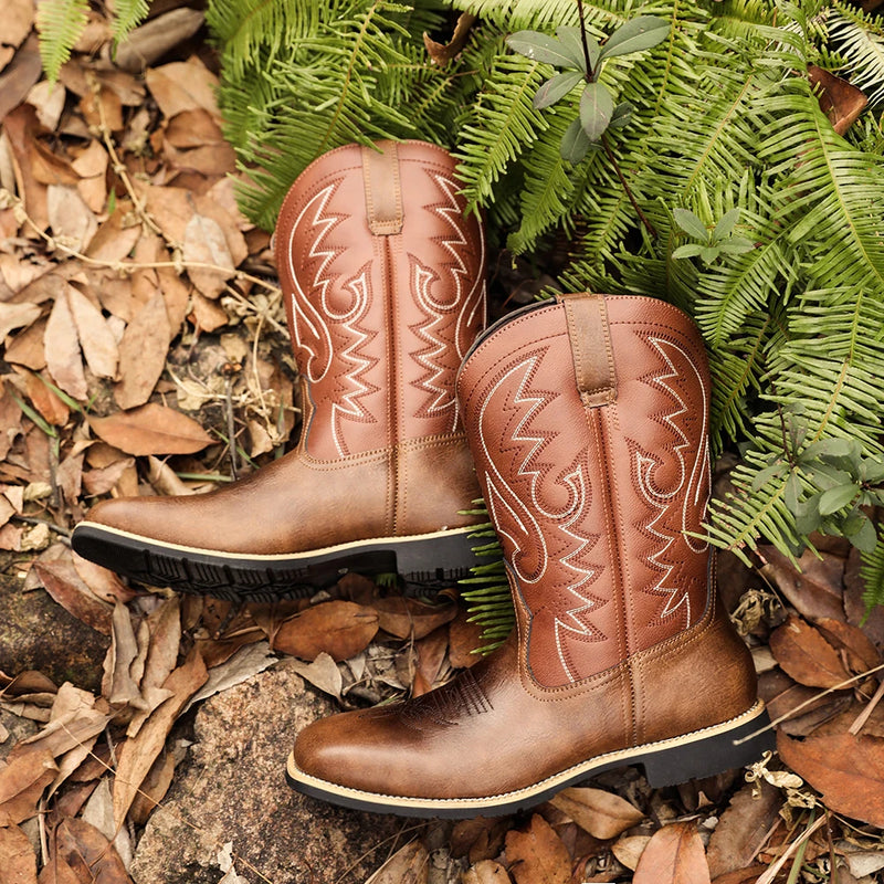 Herrarnas Cowboyboots Broderat Mönster Hög Skaft Läder 0