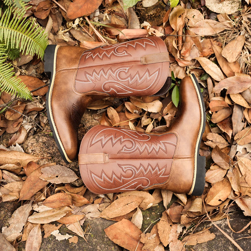 Herrarnas Cowboyboots Broderat Mönster Hög Skaft Läder 1