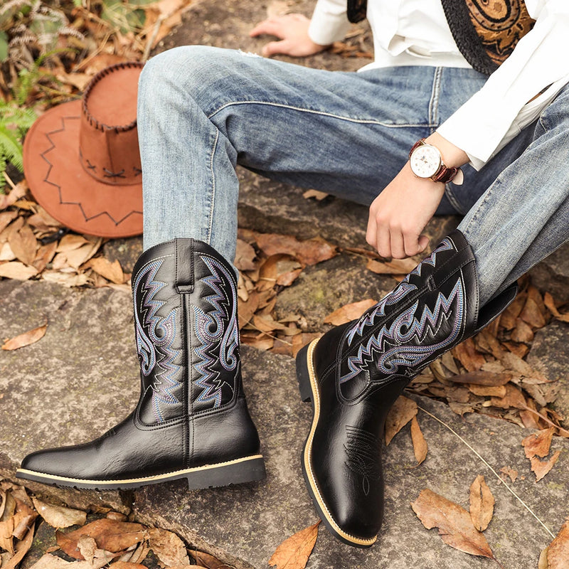 Herrarnas Cowboyboots Broderat Mönster Hög Skaft Läder 3