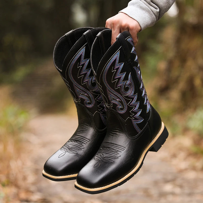 Herrarnas Cowboyboots Broderat Mönster Hög Skaft Läder 5