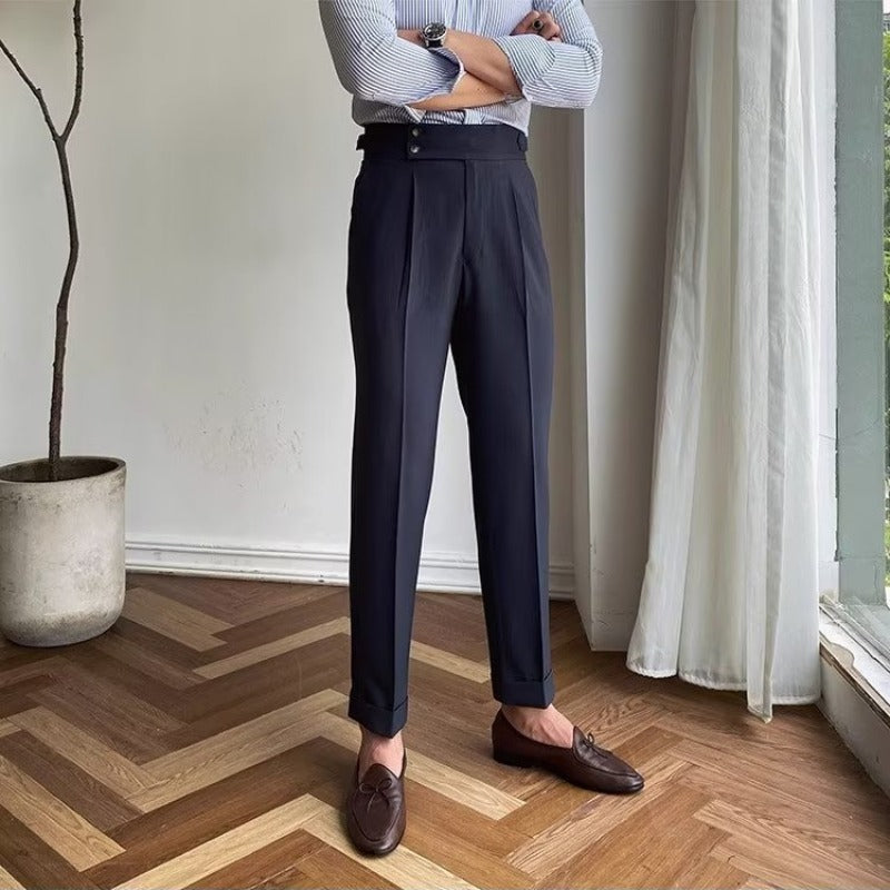 Herrbyxor Hög Midja Plisserad Framsida Uppvikta Ben Polyester 3